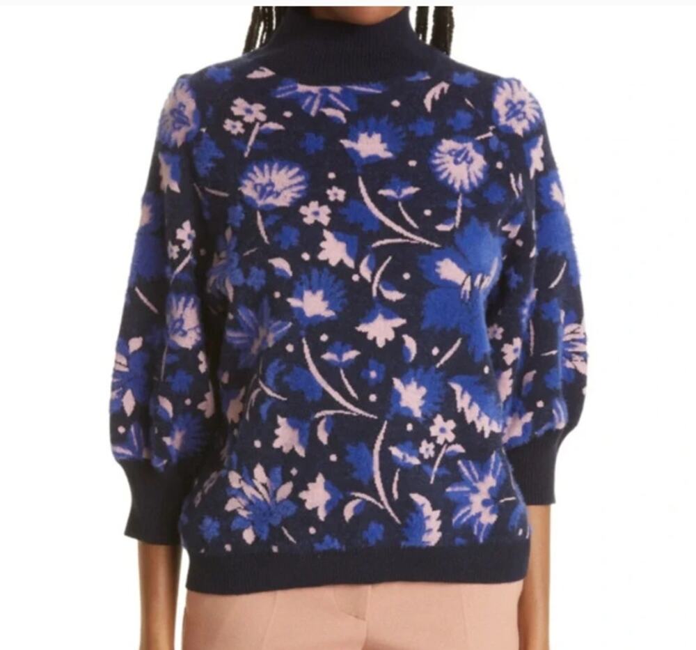 Ted Baker Claudan Floral Jacquard Sweater Womens S Navy Pink Fuzzy Graphic Print